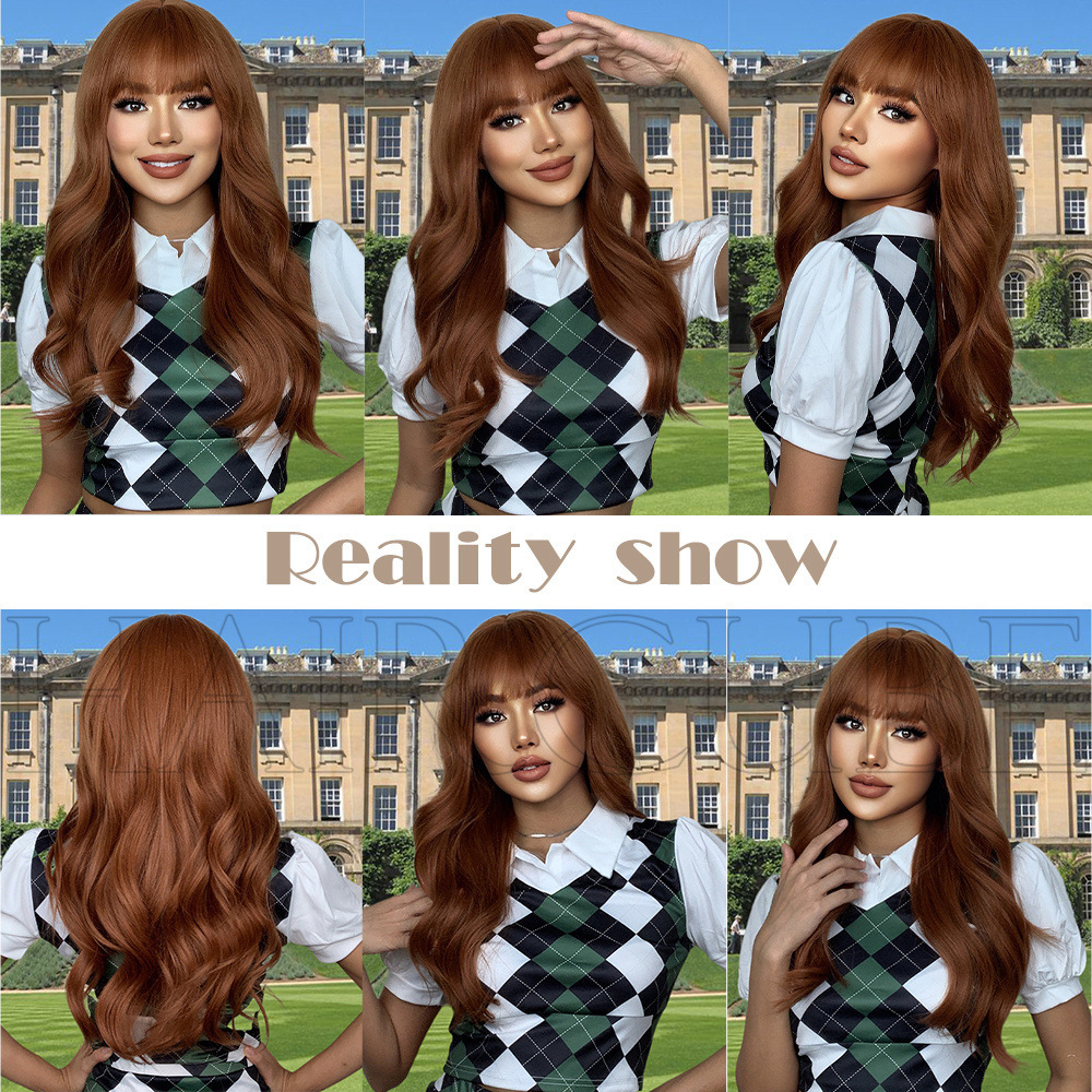Wig Preppy lady with bangs dyed reddish brown long curly wig