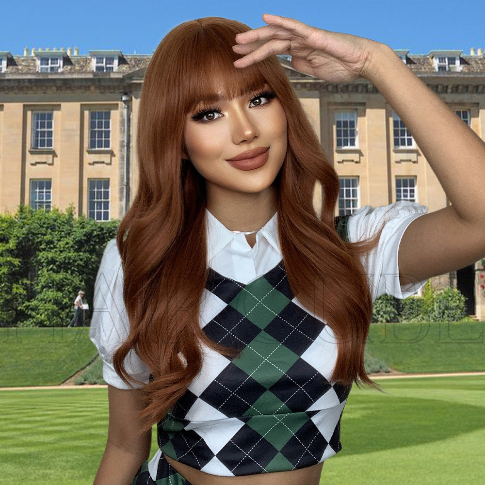 Wig Preppy lady with bangs dyed reddish brown long curly wig