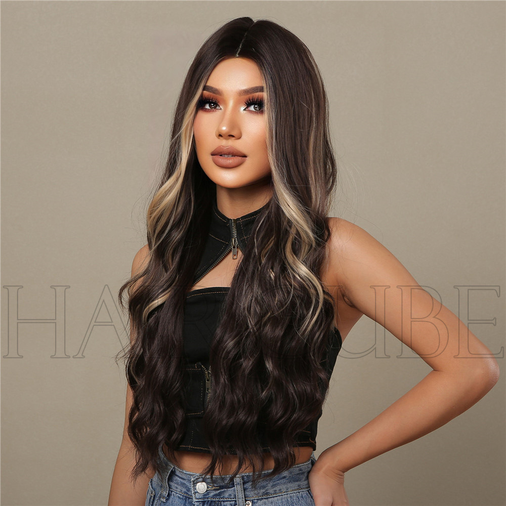 Wigs Brown highlighter wig middle section highlighter long curly hair