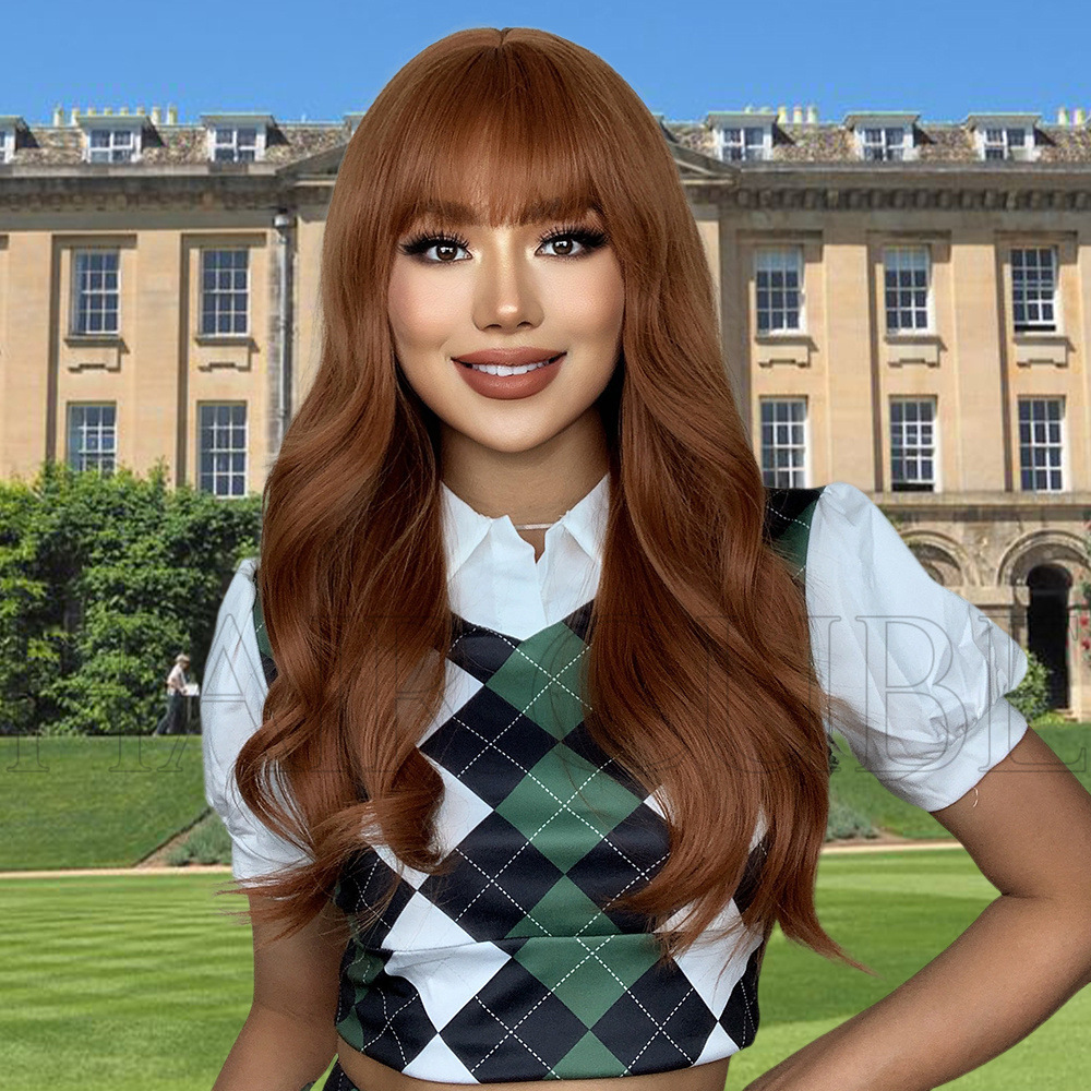 Wig Preppy lady with bangs dyed reddish brown long curly wig