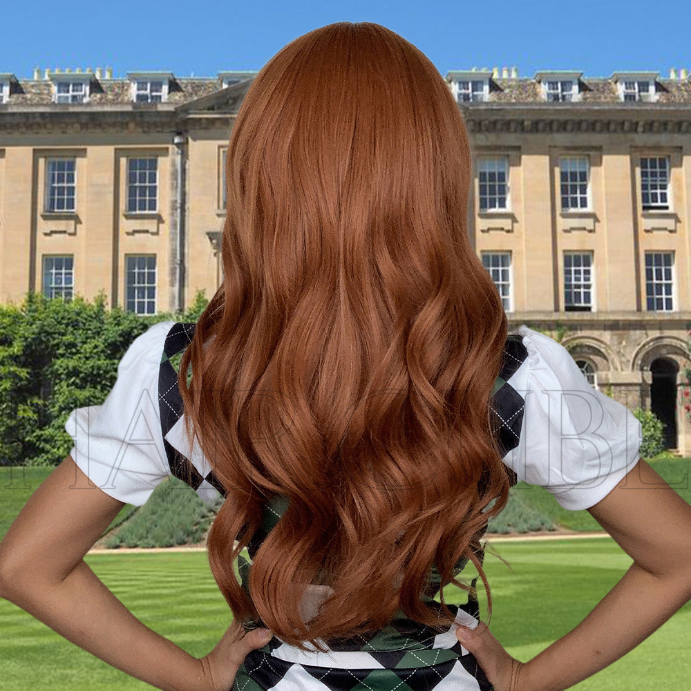 Wig Preppy lady with bangs dyed reddish brown long curly wig