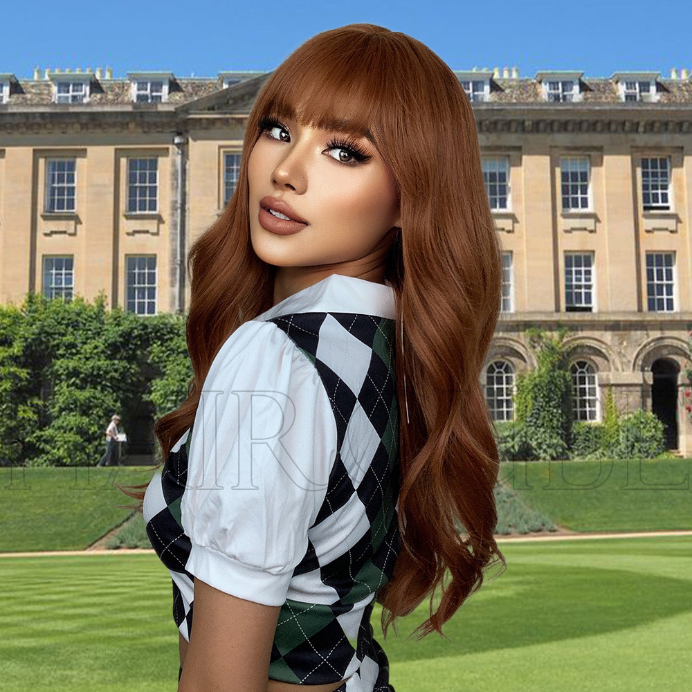 Wig Preppy lady with bangs dyed reddish brown long curly wig