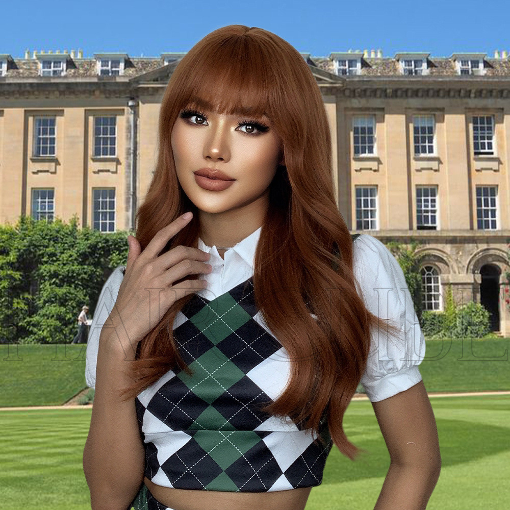 Wig Preppy lady with bangs dyed reddish brown long curly wig