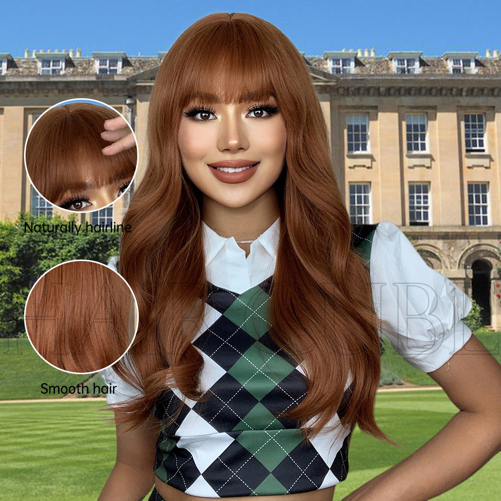 Wig Preppy lady with bangs dyed reddish brown long curly wig