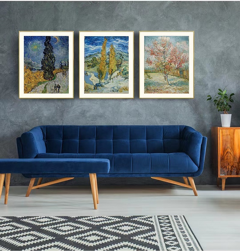 Van Gogh oil painting scenery country roads in Provence at night Museum-level replica prints Background wall: triptych, vertical painting, restaurant entrance hanging painting