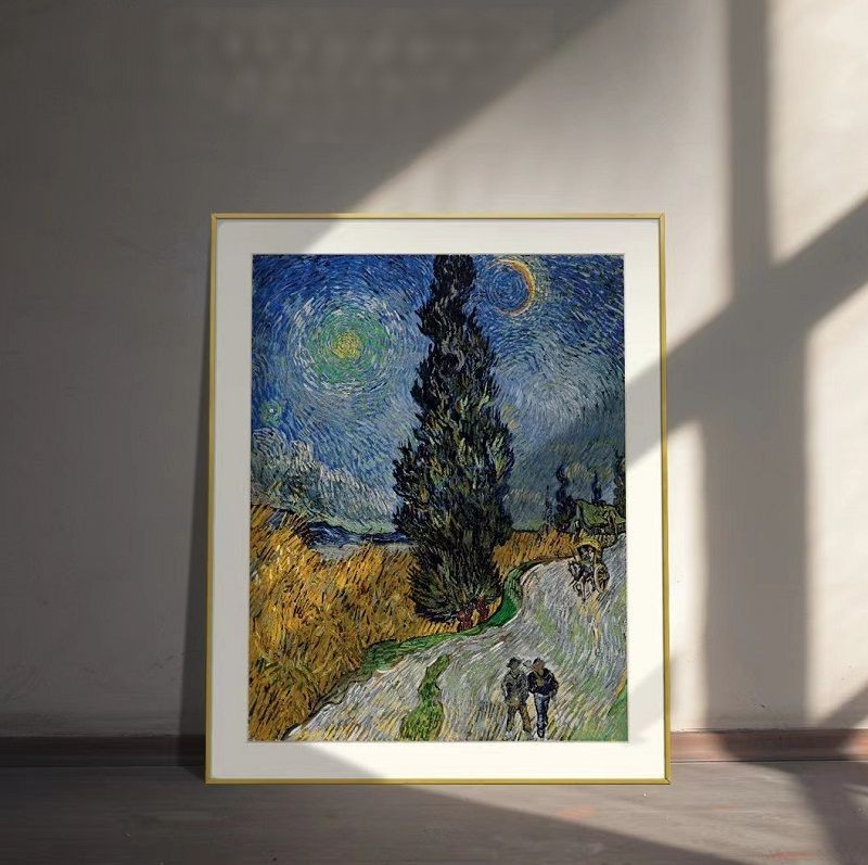 Van Gogh oil painting scenery country roads in Provence at night Museum-level replica prints Background wall: triptych, vertical painting, restaurant entrance hanging painting