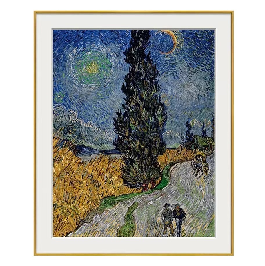 Van Gogh oil painting scenery country roads in Provence at night Museum-level replica prints Background wall: triptych, vertical painting, restaurant entrance hanging painting