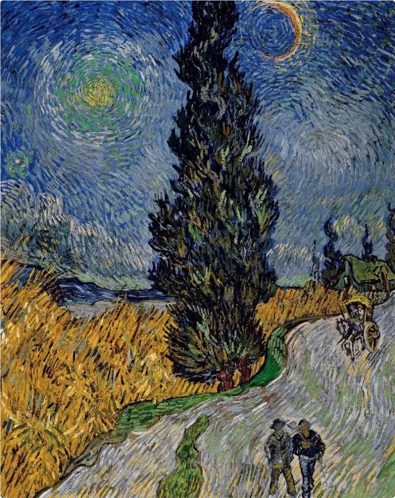 Van Gogh oil painting scenery country roads in Provence at night Museum-level replica prints Background wall: triptych, vertical painting, restaurant entrance hanging painting