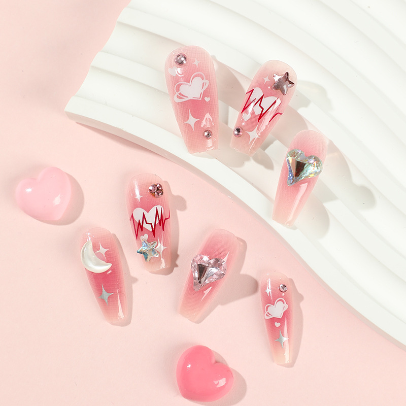 Heart Sparkle Pink Fake Nails