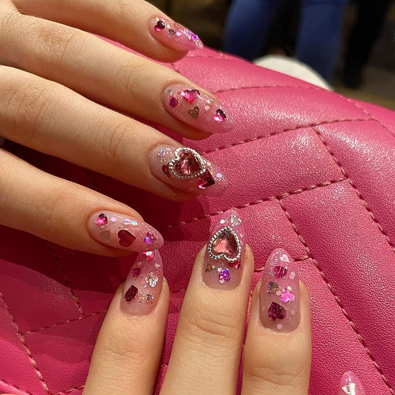 Pink Glitter Heart Fake Nails