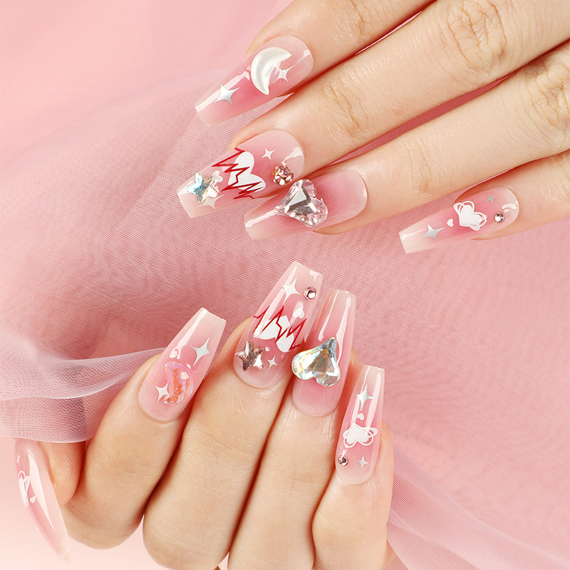 Heart Sparkle Pink Fake Nails