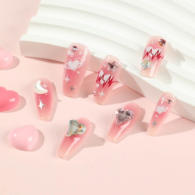 Heart Sparkle Pink Fake Nails