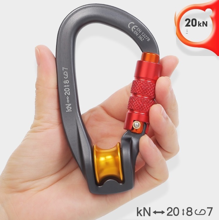D-shape climbing locking carabiner with pulley
