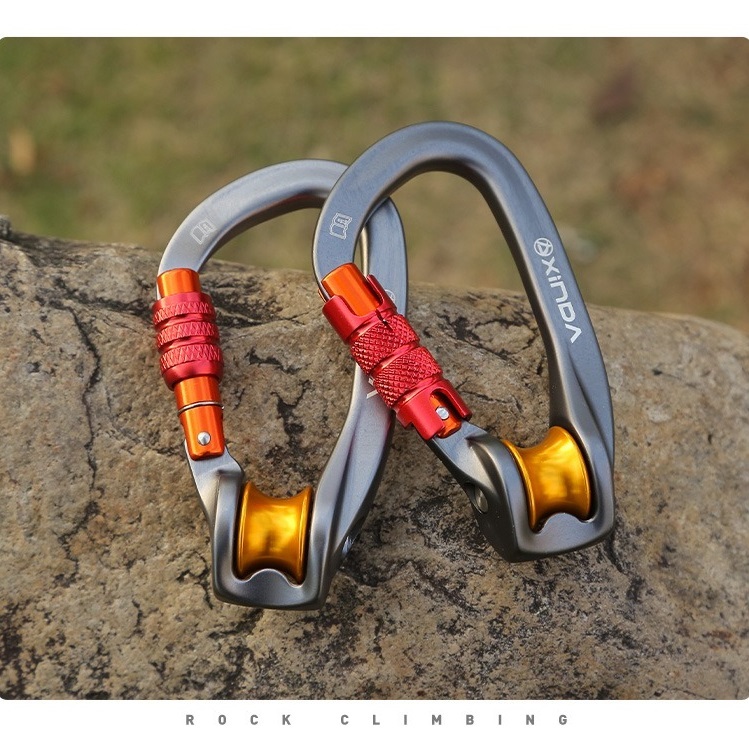 D-shape climbing locking carabiner with pulley