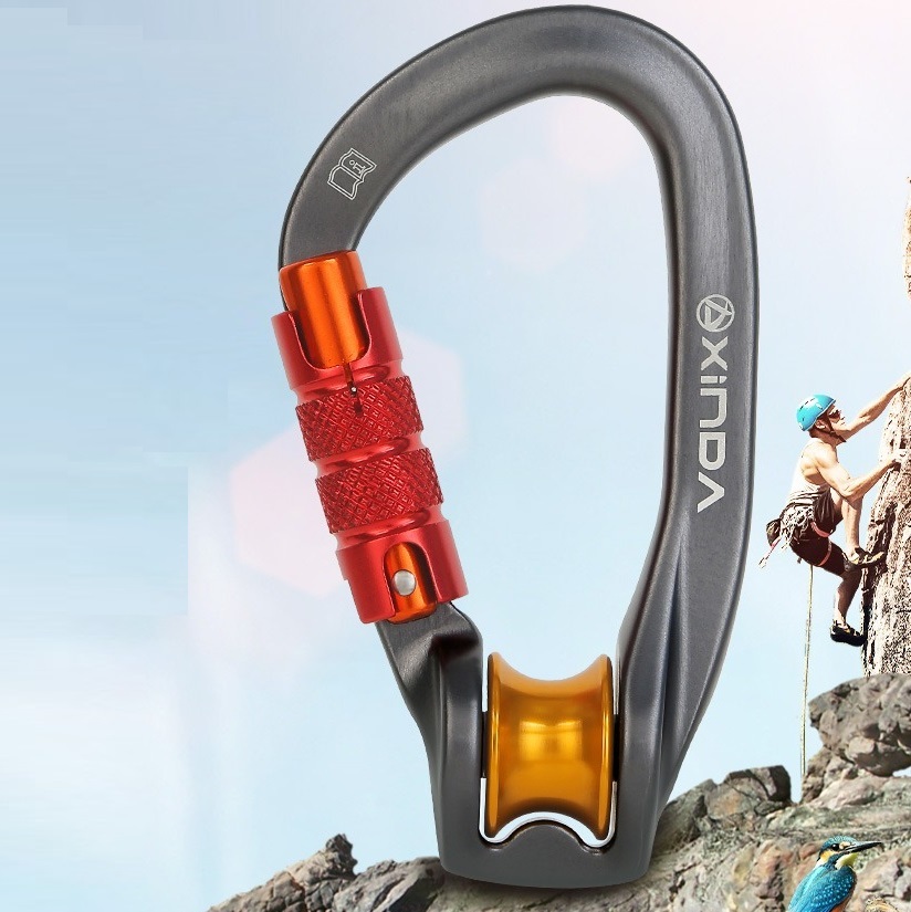 D-shape climbing locking carabiner with pulley