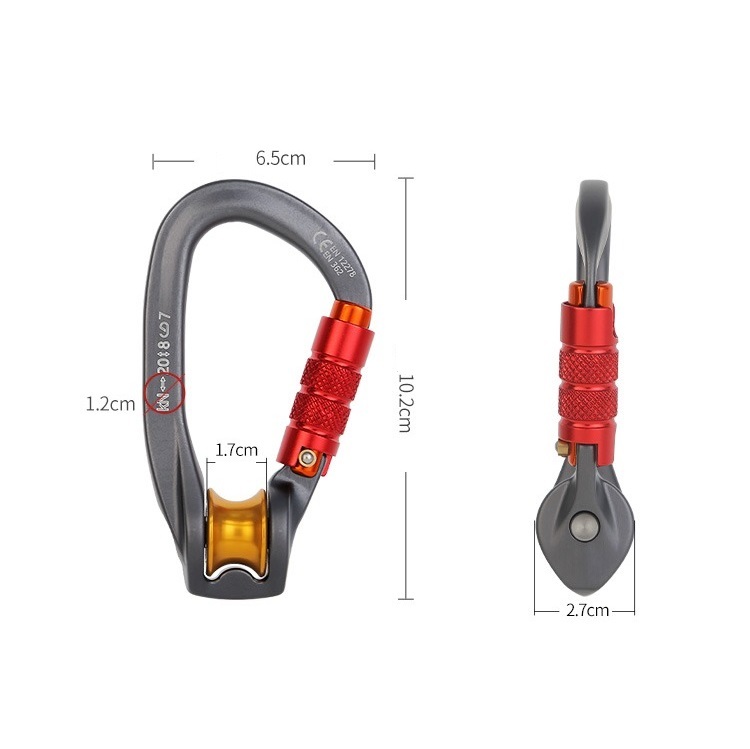 D-shape climbing locking carabiner with pulley