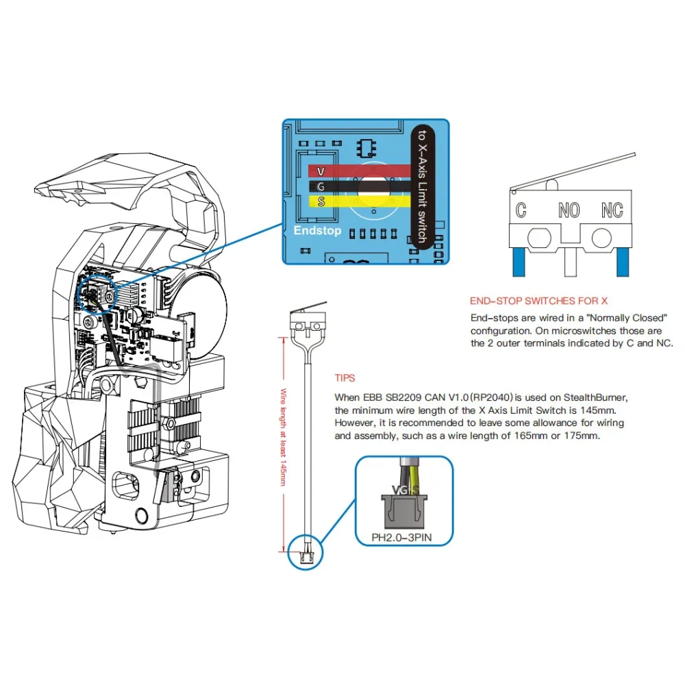 Blurolls Voron SB Stealthburner Carbus EBB SB2209 CAN (RP2040) Tap Extruder X Endstop 16cm PH2.0 3pins Cable D2F-5L Limit Switch