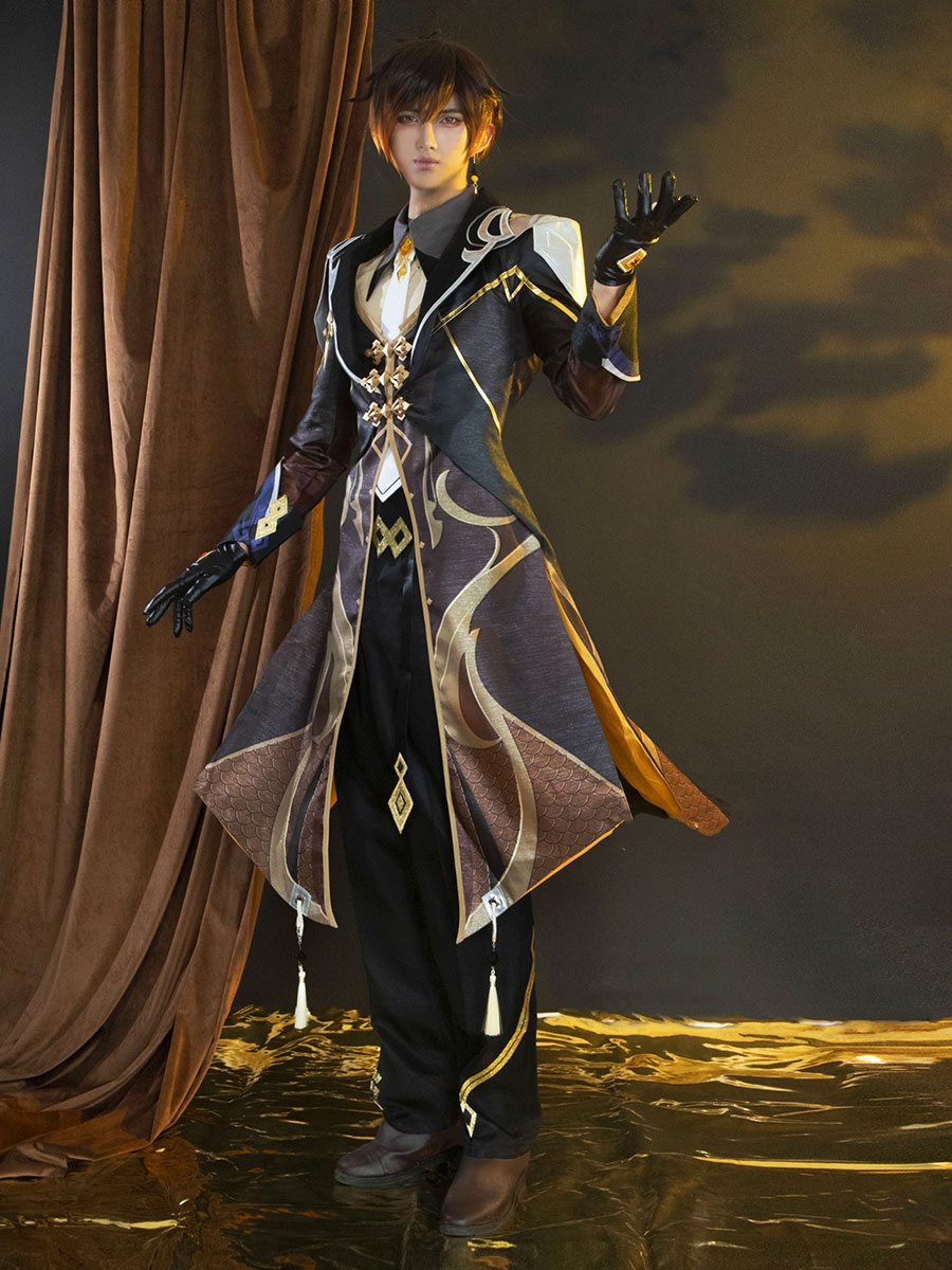 Game Genshin Impact Liyue Harbor Lapis Dei Zhongli Cosplay Costume Sands Satin Version C02946