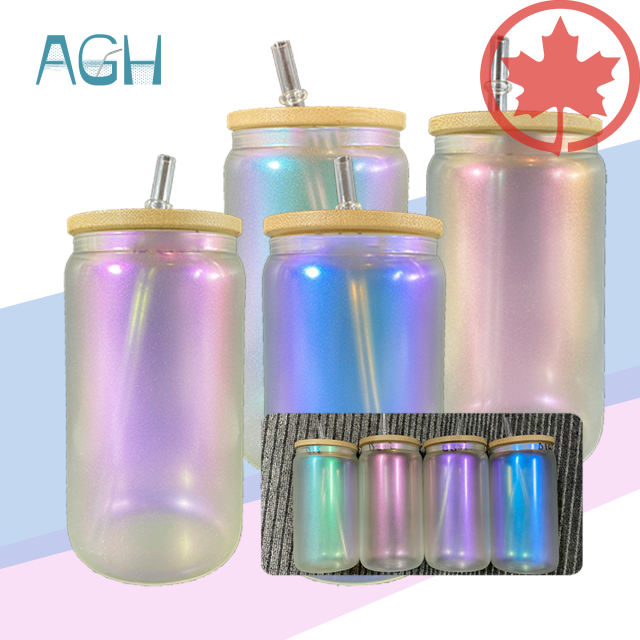 Canada warehouse 16oz iridescent sublimation glass jar with bamboo lids