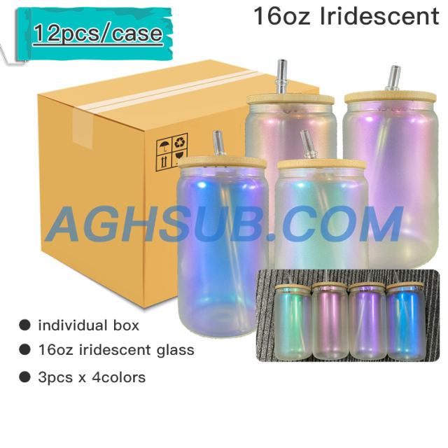 small pack 12pcs mix colors 16oz sublimation iridescent glass tumbler with bamboo lids