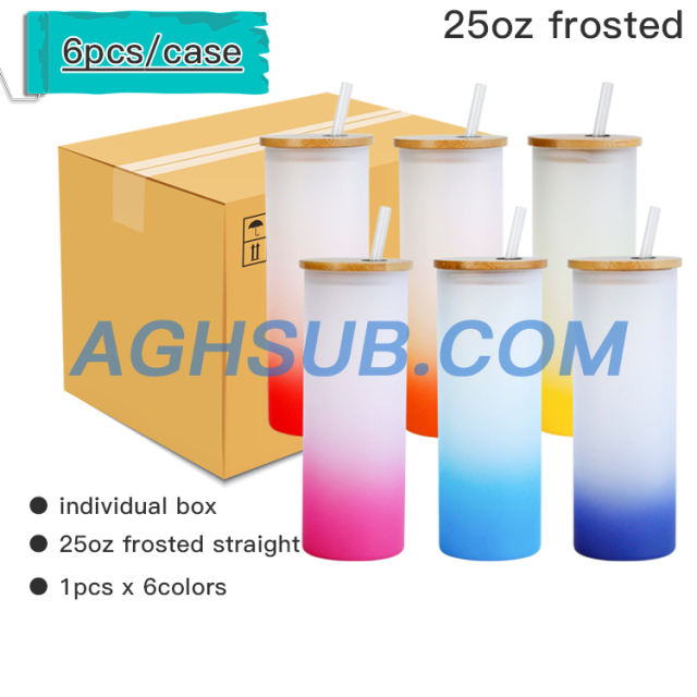 small pack 6pcs mix colors 25oz sublimation gradient frosted straight glass tumbler with bamboo lids