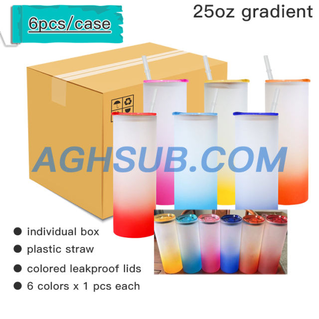 small pack 6pcs gradient frosted 25oz sublimation straight glass tumbler with colored slid leakproof lids