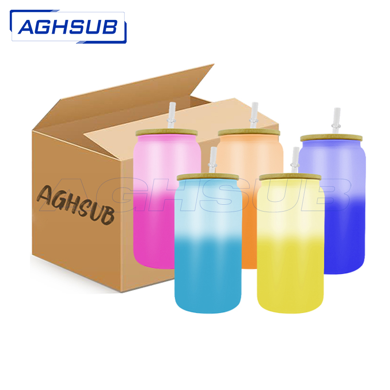 15pcs 16oz cold color change sublimation beer glass can with bamboo lids