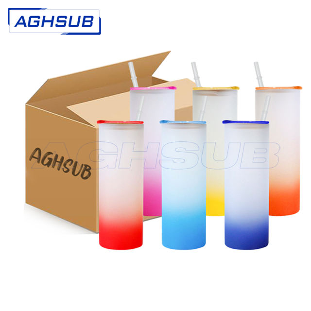 small pack 6pcs gradient frosted 25oz sublimation straight glass tumbler with colored slid leakproof lids