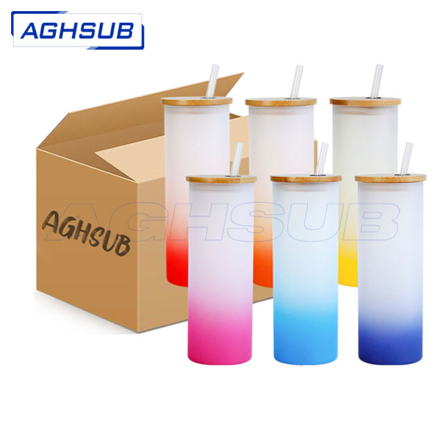small pack 6pcs mix colors 25oz sublimation gradient frosted straight glass tumbler with bamboo lids