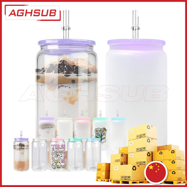 Ship from China 16oz sublimation glass jar with colored plastic lids