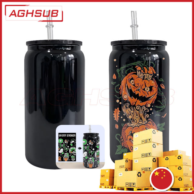 Air/sea shipping from China sublimation Halloween 16oz black glass can with balck plastic lids