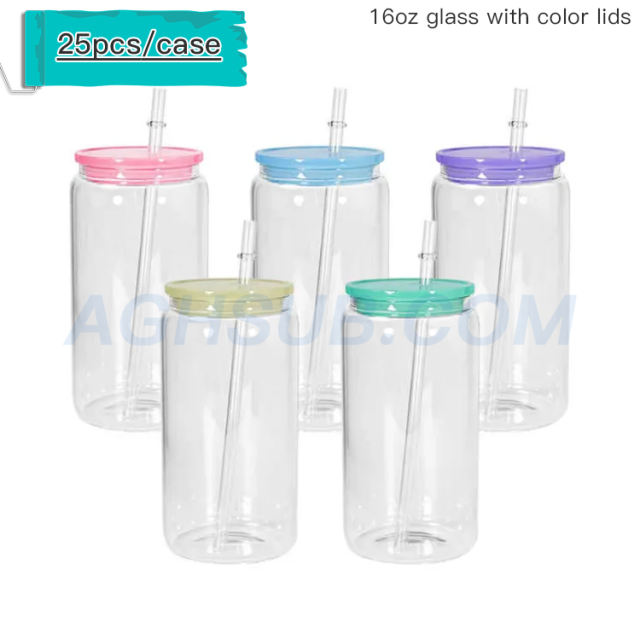 US warehouse 16oz sublimation glass jar with colored plastic lids