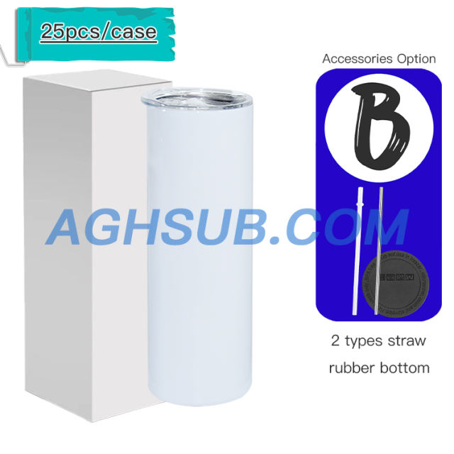 #B 20oz sublimation skinny tumbler with plastic straw & meatl straw & rubber bottom