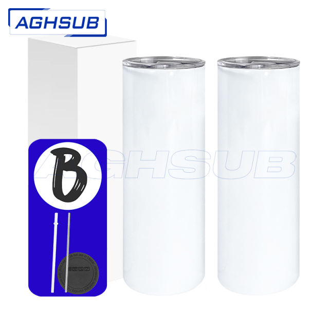 #B 20oz sublimation skinny tumbler with plastic straw & meatl straw & rubber bottom