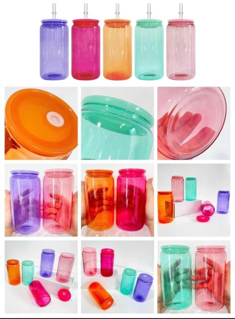 US warehouse 16oz sublimation colored glass cup with colored plastic lids
