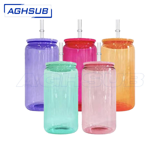 US warehouse 16oz sublimation colored glass cup with colored plastic lids