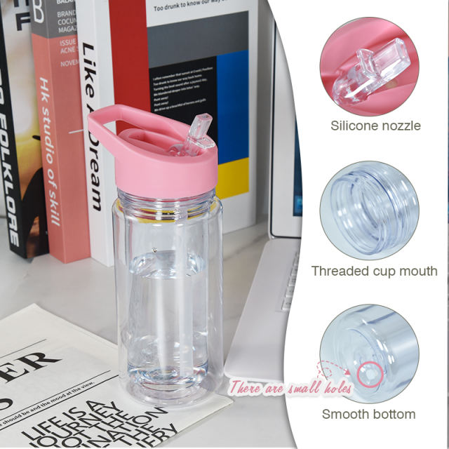 【China Warehouse】300ml Plastic Double Wall Water Bottle with Handle Lids