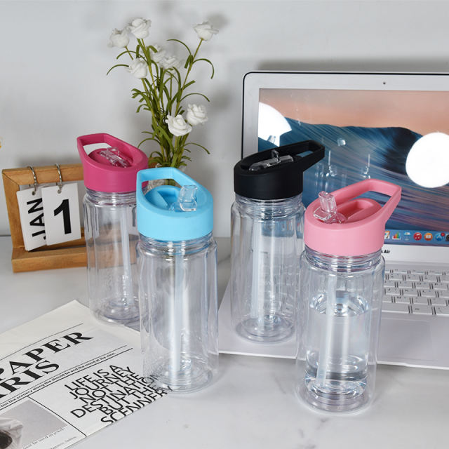 【China Warehouse】300ml Plastic Double Wall Water Bottle with Handle Lids