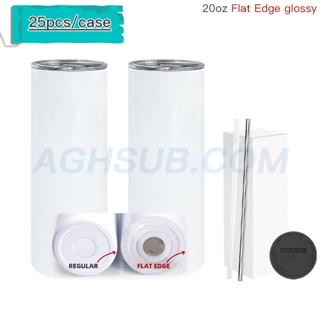 20oz Glossy Flat Edge sublimation tumbler with metal straw and rubber bottom