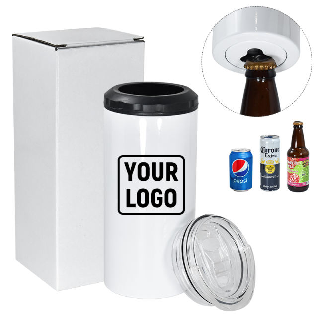 China Warehouse 16oz dual lids sublimation 4 in 1 can cooler with opener bottom