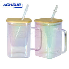 US warehouse 8pcs/25pcs 20oz square glass iridescent sublimation tumbler with bamboo lids