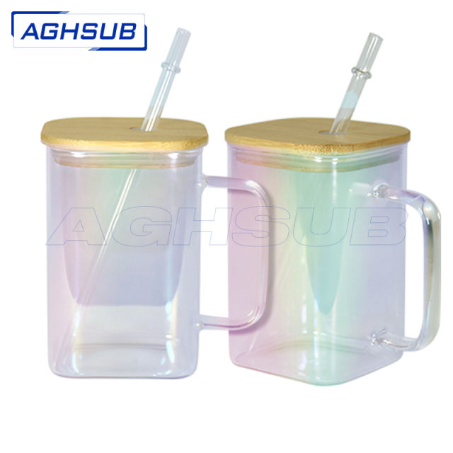 US warehouse 8pcs/25pcs 20oz square glass iridescent sublimation tumbler with bamboo lids