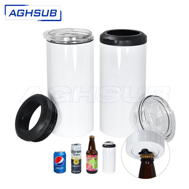 US Warehouse 16oz dual lids sublimation 4 in 1 can cooler with opener bottom