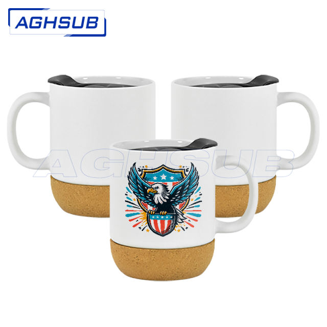 US warehouse 15oz glossy ceramic sublimation mug with bottom and black plastic lids