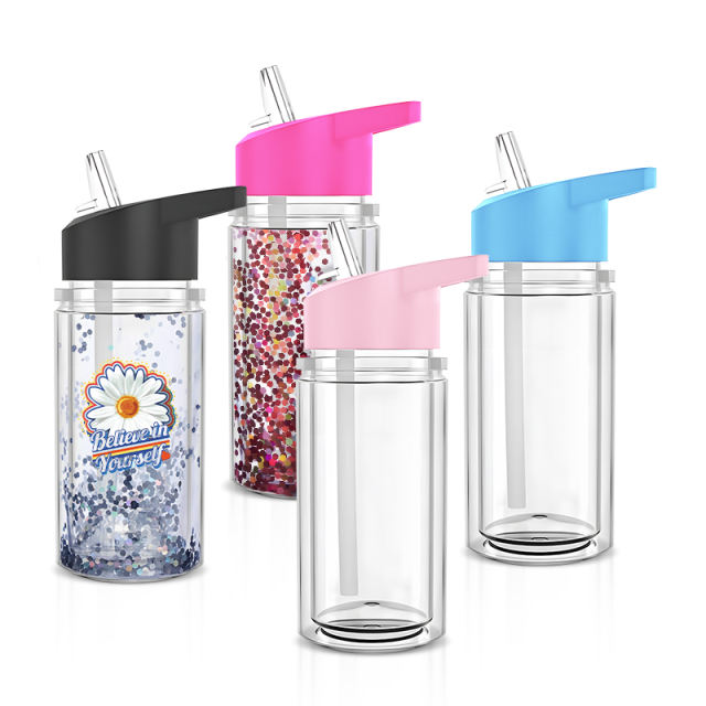US warehouse 300ml Acrylic sports kids bottle double wall snowglobe bottle with predrilled