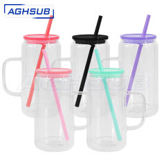 US warehouse 16oz double wall sublimation snowglobe glass can with colored plastic lids & straw