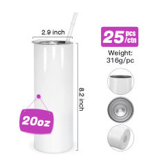 5pcs, 10pcs 20oz sublimation skinny straight tumbler with plastic straw