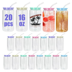 USA Warehhouse 5pcs 16oz sublimation clear glass can with Lids, Straws And Straw Brushes, Mixed Color Lids
