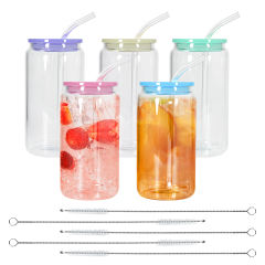 USA Warehhouse 5pcs 16oz sublimation clear glass can with Lids, Straws And Straw Brushes, Mixed Color Lids