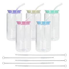 USA Warehhouse 5pcs 16oz sublimation clear glass can with Lids, Straws And Straw Brushes, Mixed Color Lids